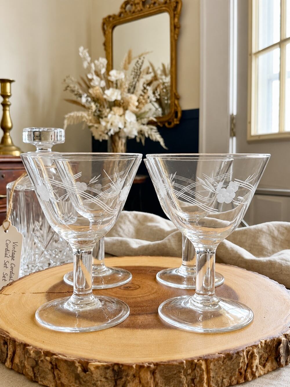 Vintage Crystal Cordial Glasses Set of 4 Etched Floral Elegant Barware